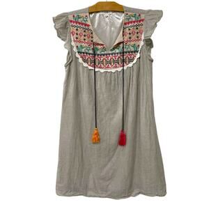 THML | Dress Mini Sleeveless Embroidered Cacti Striped Gray Tassels V Neck Small